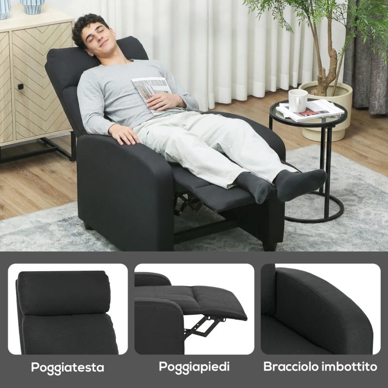 HOMCOM Poltrona Relax Reclinabile Manualmente con Poggiapiedi e Imbottita in Tessuto, Nero