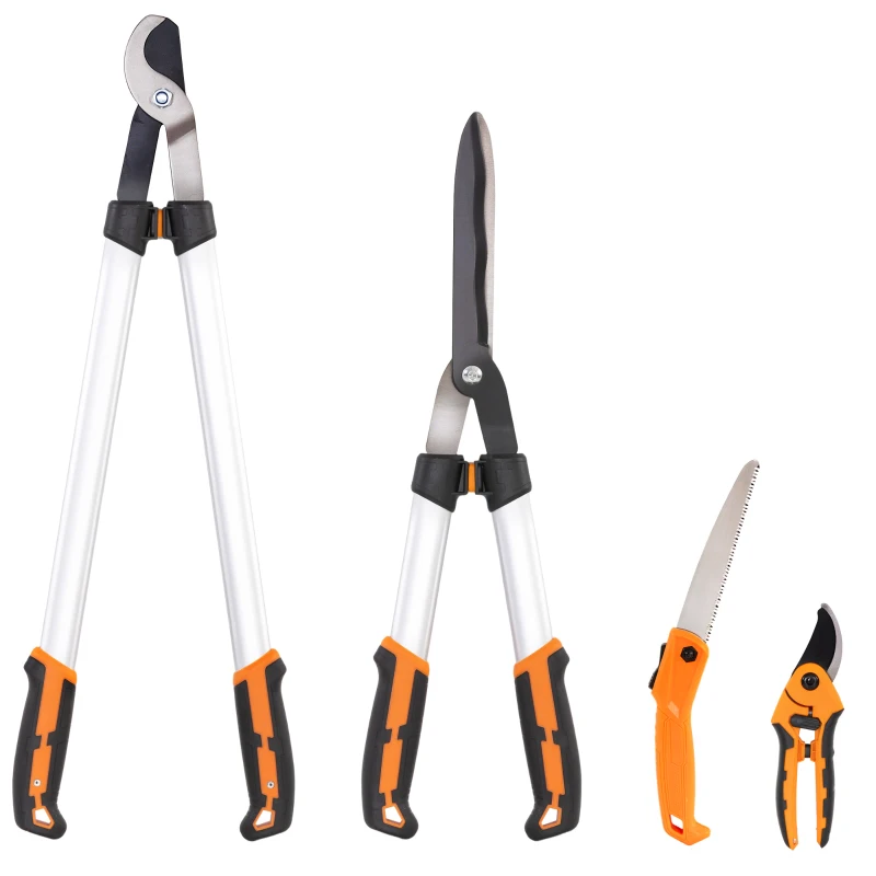 Outsunny Conjunto de Jardinagem 4 Peças com Tesouras Cortarramos Tesouras de Poda e Serra Dobrável Prata e Laranja