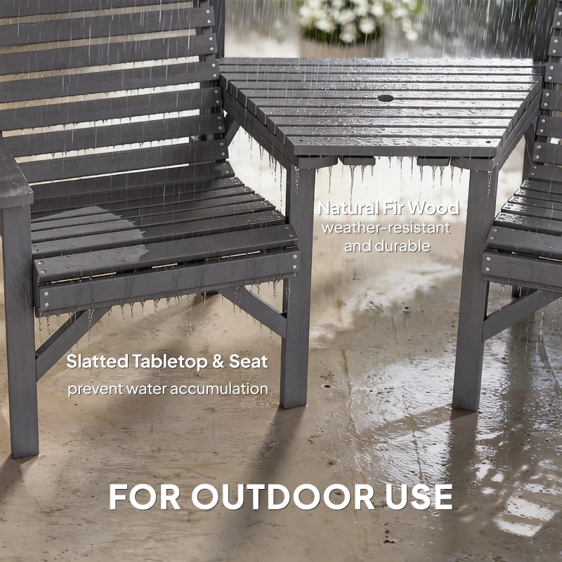 Outsunny Wooden Garden Bistro Set, 2 Seater Wooden Outdoor Table and Chairs with Parasol Hole for Patio, Light Grey