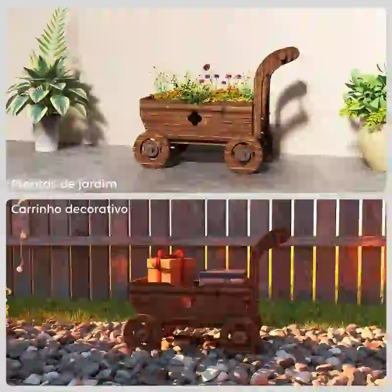 Outsunny Carrinho de Madeira Decorativo Vaso Elevado com 4 Rodas Pega Orifícios de Drenagem 68x38x52 cm Carbonizado