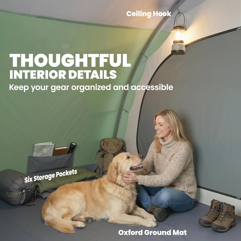 Outsunny Large Multi-Room Tent for 2-4 People, with Windows and Porch, Green