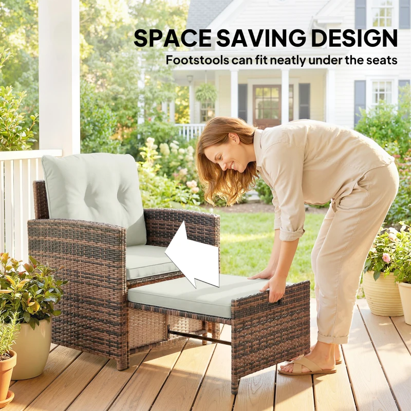 Outsunny Rattanowy zestaw mebli ogrodowych 5-częściowy zestaw balkonowy z 2 krzesłami, poduszkami, podnóżkami, stołem i schowkiem, kremowy