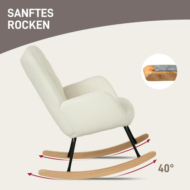 HOMCOM Schaukelstuhl in Vliesoptik mit Armlehnen, Ergonomischer Sessel mit Holzkufen, für Wohnzimmer, Schlafzimmer, Weiß(m-4)