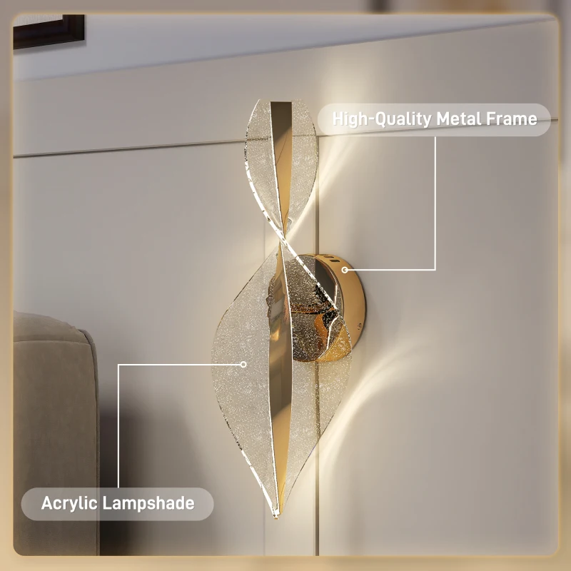 HOMCOM Led Wall Lamp 2 Pack, 13W Modern Indoor Spiral Wall Light, Colour Temperature Adjustable 3000K/4000K/6500K, for Bedroom, Living Room, Hallway, Stairs, Gold Tone