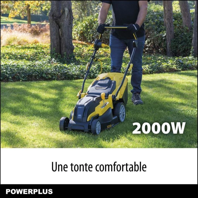 Tondeuse Gazon Électrique POWERPLUS POWXG6281 - 2000W, 420mm Ø, Ramassage, Mulching, Éjection Arriere