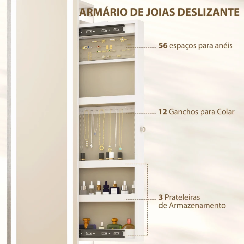 HOMCOM Espelho para Jóias com Luzes LED Espelho de Corpo Inteiro Rotativo 360° Prateleiras Abertas Barras para Pendurar Branco