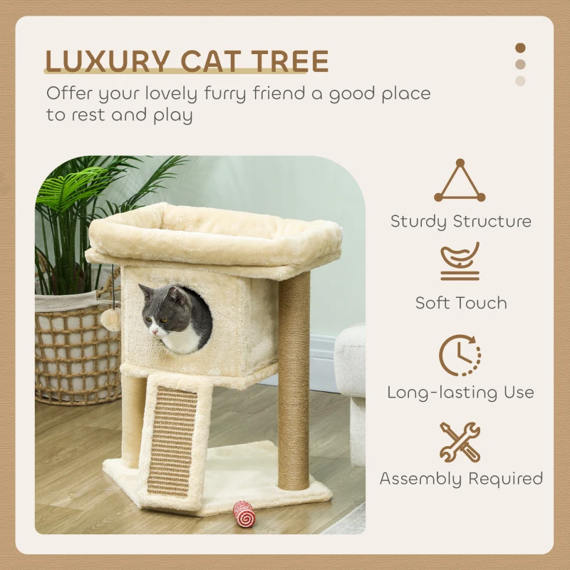 PawHut Drapak z matą do drapania z juty, platformą do leżenia, piłką do zabawy, domkiem dla kota, Beżowy, 40 x 40 x 57 cm