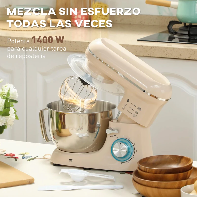 HOMCOM Batidora Amasadora 4,5L 1300W 6 Velocidades Bol de Acero Inoxidable Batidor Gancho Varilla Beige