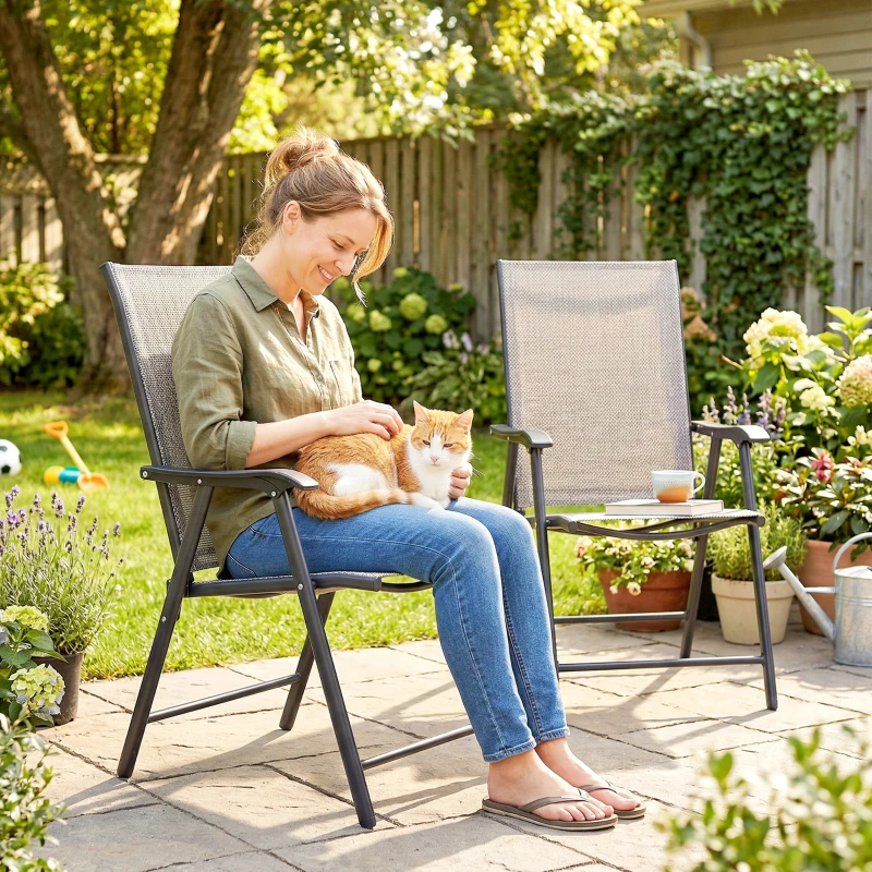 Outsunny Conjunto de 2 Sillas Plegables para Exterior con Reposabrazos  para Jardín Terraza Carga 110 kg 58x64x94 cm Gris