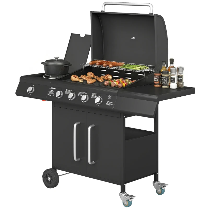 Outsunny 4+1 Burner Gas BBQ Grill with Storage Cabinet, 15.2 kW Gas Barbecue Trolley with Side Table, 4 Wheels, Warming Rack