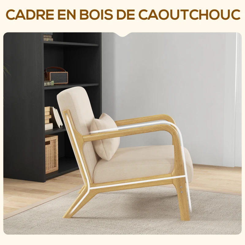 HOMCOM Fauteuil lounge - 3 coussins inclus - assise profonde - accoudoirs - structure bois hévéa - aspect velours beige