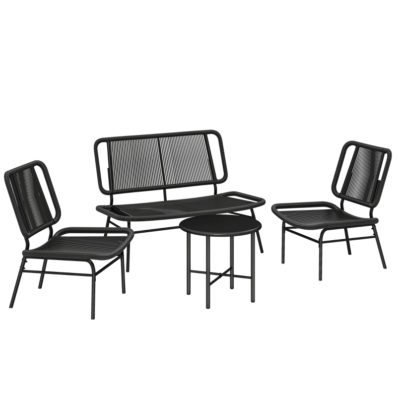 Outsunny 4-teiliges Rattan-Gartenmöbel-Set, Outdoor-Sofa mit Metall-Couchtisch, Schwarz