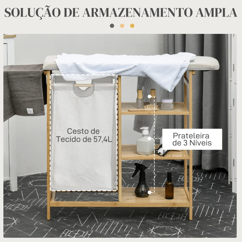 HOMCOM Cesto de Roupa Suja 57,4 L com Tábua de Passar Suporte para Ferro 3 Prateleiras e Bolsa Removível 113x34x82 cm Madeira e Cinza