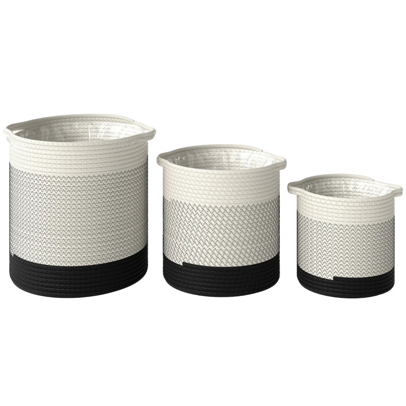 Outsunny Plant Pots Handwoven Cotton Indoor Planters with Waterproof Liner Set of 3 White