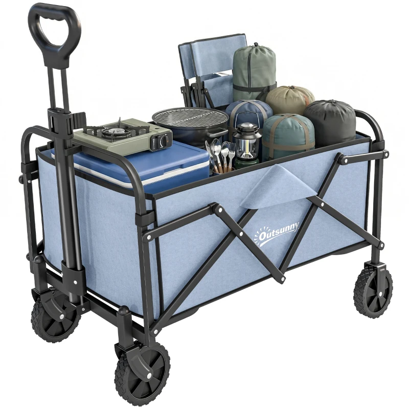 Outsunny Cărucior de Grădină Remorcă de Transport Pliabil pentru Toate Terenurile 66L Sarcină 68kg Mâner Reglabil 81 x 45 x 89 cm Gri