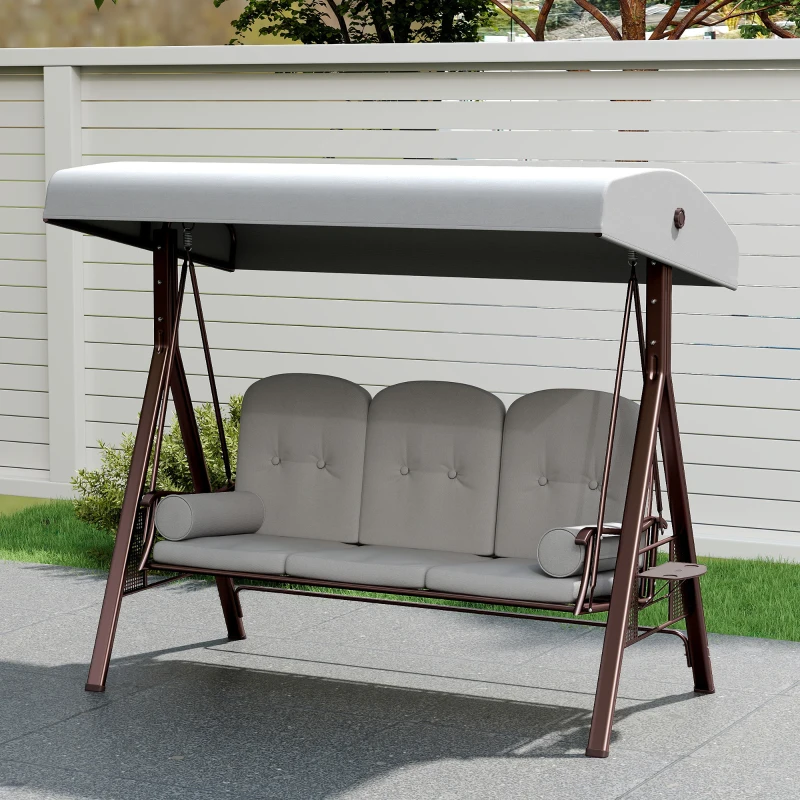 Outsunny 3 Seater Canopy Swing Chair, Outdoor Garden Swing Seat with Adjustable Canopy, Cushions and Cup Trays, Steel Frame, Light Grey