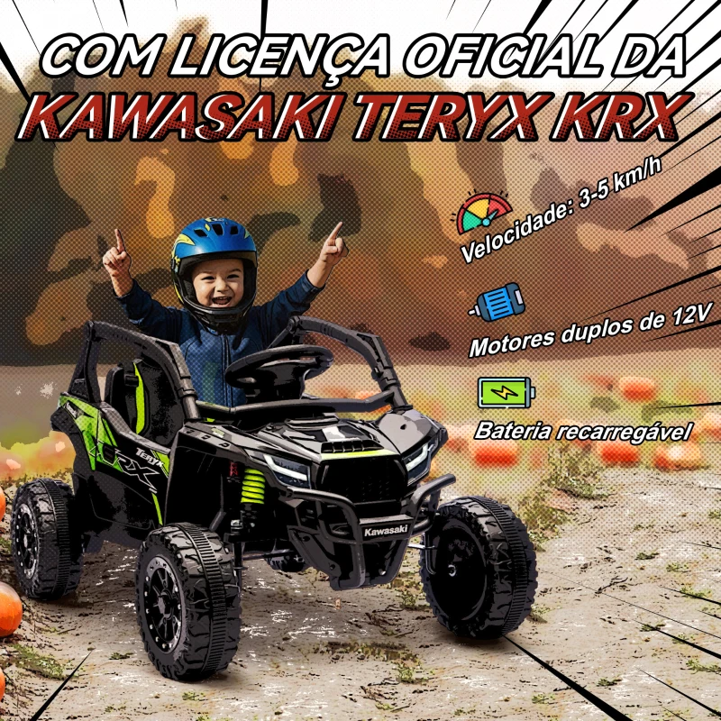 AIYAPLAY Carro Elétrico para Crianças 12V Kawasaki Teryx KRX 1000 com 2 Motores Faróis e USB 100x64x56 cm Preto