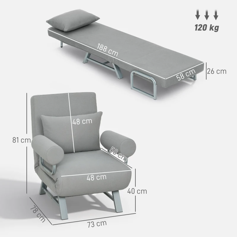 HOMCOM Sofá Cama Dobrável Estofado em Linho Sintético com Encosto Ajustável em 5 Níveis e Almofada Acolchoada 73x78x81 cm Cinzento Claro