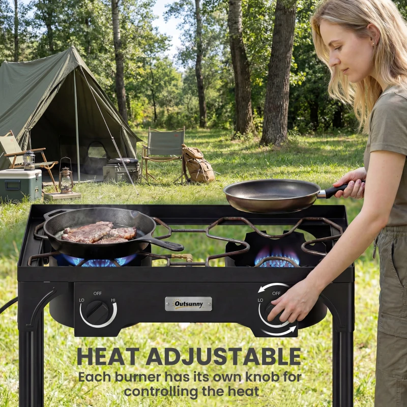 Outsunny Double Burner Camping Stove, 150,000 BTU High Pressure Camping Gas Stove with Detachable Legs, Black