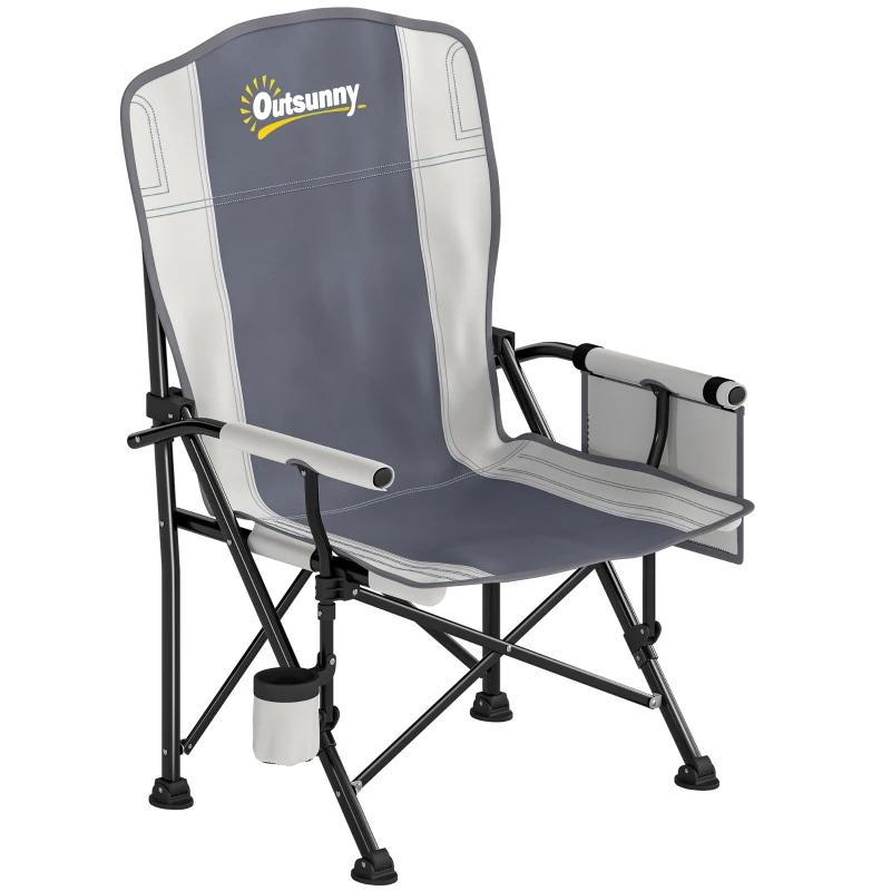 Outsunny Padded Camping Chair Adults Heavy Duty Folding Chair Side Pocket Cup Holder Carry Bag Outdoor Light Grey
