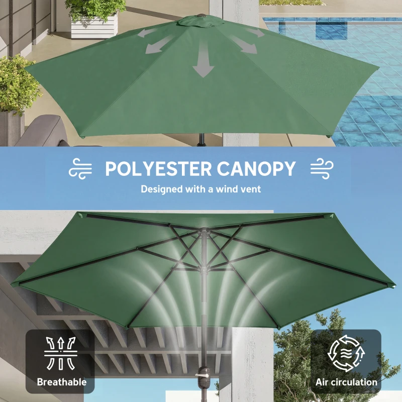 Outsunny 2.6 m Garden Parasol Umbrella with Aluminium Pole, Outdoor Patio Umbrella with Tilt and Crank, Vent, Dark Green