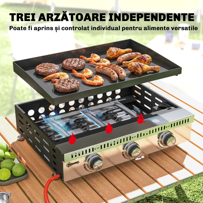 Grătar pe Gaz Outsunny, portabil de masă, cu tavă pentru grăsime, culoare neagră.