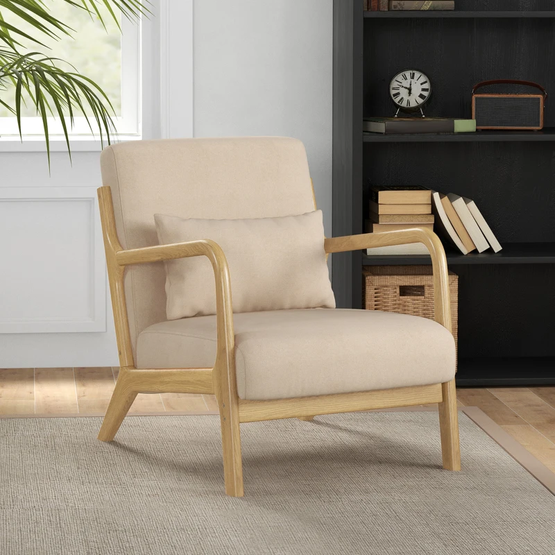 HOMCOM Fauteuil lounge - 3 coussins inclus - assise profonde - accoudoirs - structure bois hévéa - aspect velours beige