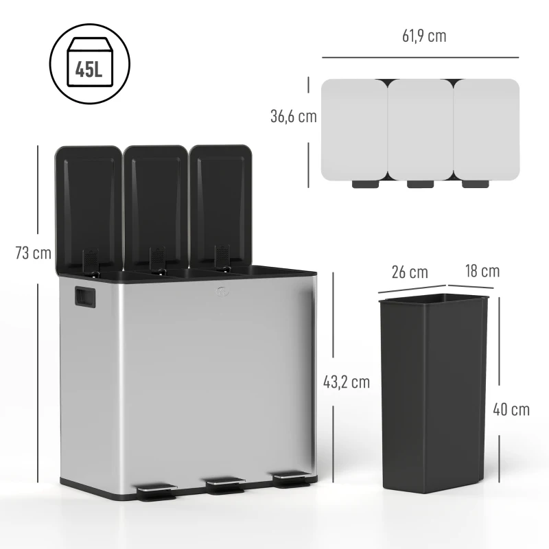 HOMCOM Balde de Lixo de Cozinha com 3 Compartimentos 3x15L com Pedais Tampas com Fechamento Suave e Cubo Amovível Prata