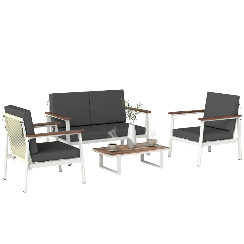 Outsunny Conjunto de Sofás para Jardim 4 Pessoas 2 Poltronas Sofá Mesa Cinza