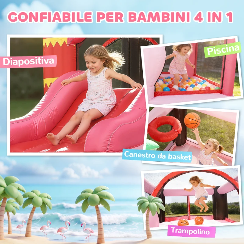 AIYAPLAY Castello Gonfiabile 4 in 1 con Scivolo e Trampolino, 255x230x196 cm, Rosa