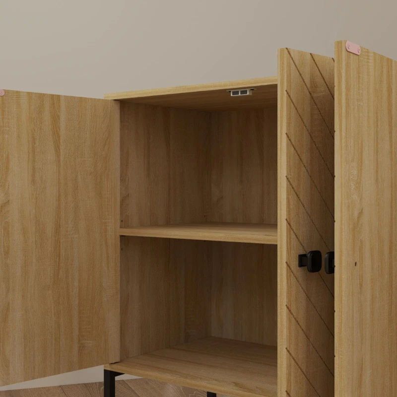 HOMCOM Aparador de Salón con 4 Puertas con Diseño Chevron Estantes Ajustables Patas de Acero 140,5x40x81,5 cm Roble