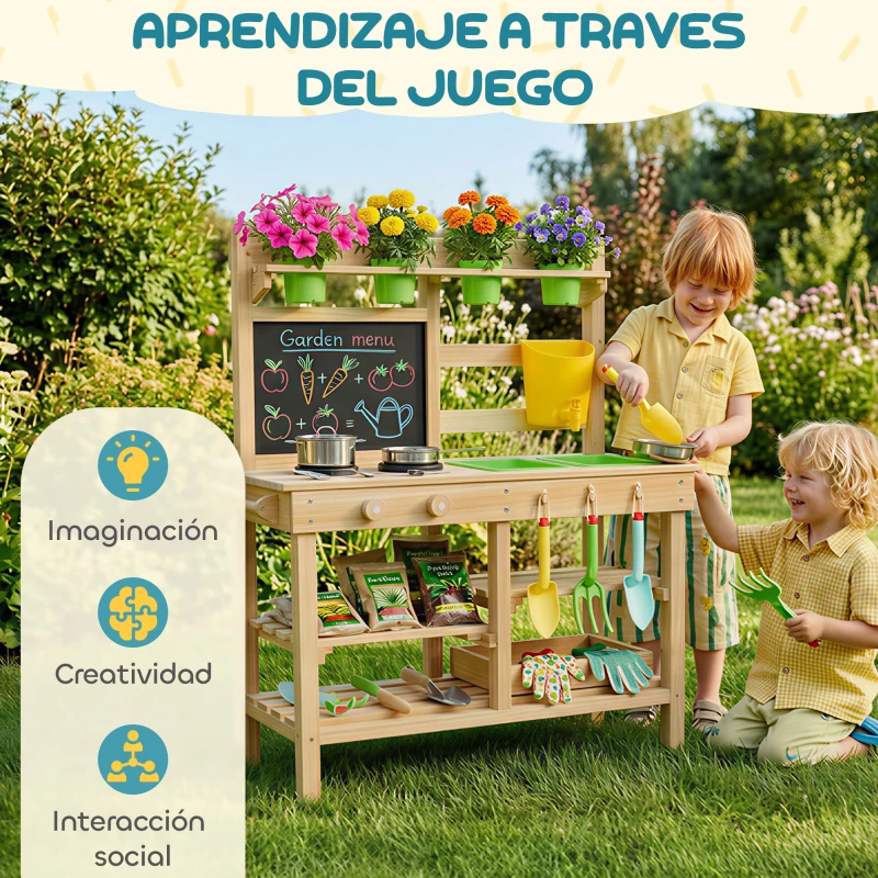 AIYAPLAY Cucina gioco da esterno in legno con lavello e accessori, Naturale