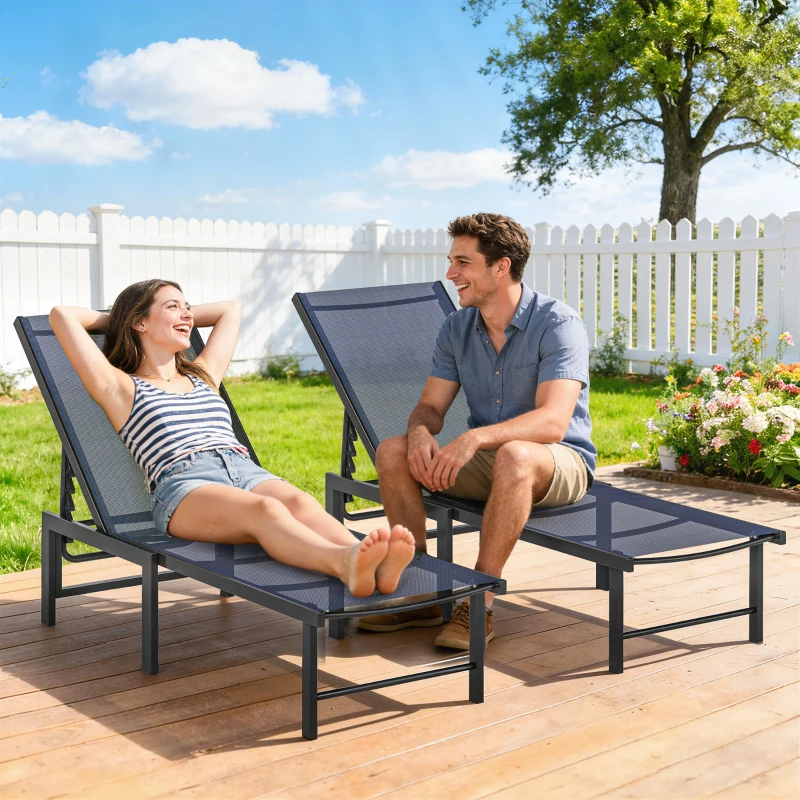 Outsunny Set of Two Reclining Sun Loungers - Dark Blue