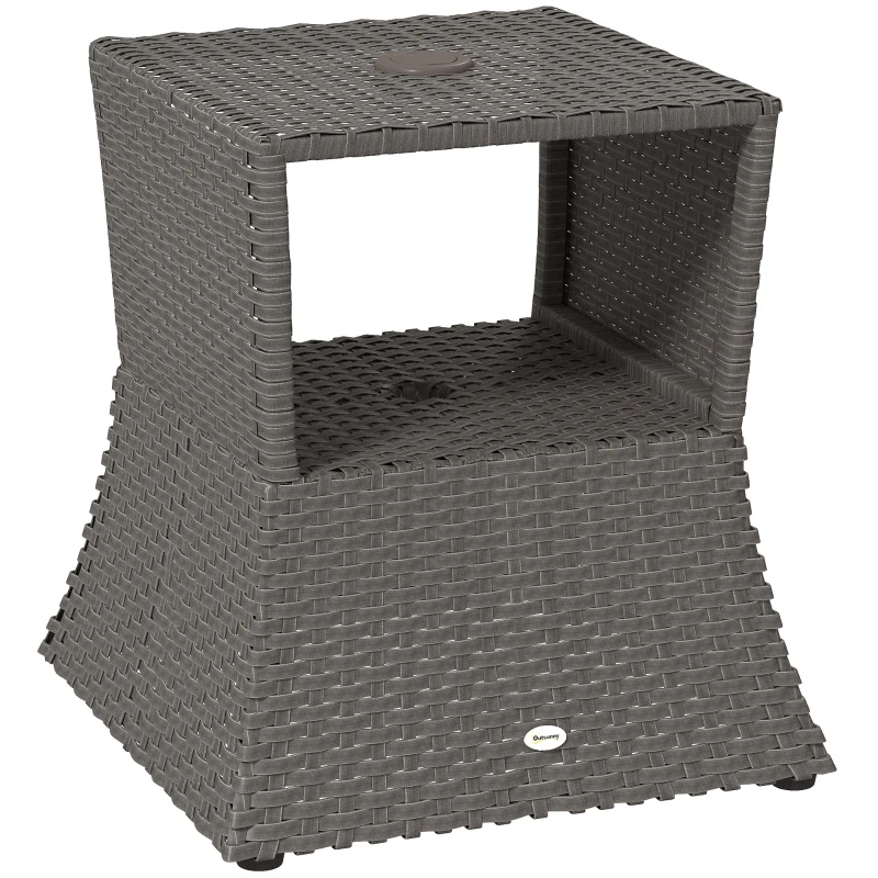 Outsunny Rattan Outdoor Coffee Table, Wicker Garden Patio Bistro Side Table with Umbrella Hole and Storage Space, Dark Grey