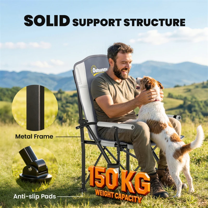 Outsunny Padded Camping Chair Adults Heavy Duty Folding Chair Side Pocket Cup Holder Carry Bag Outdoor Light Grey