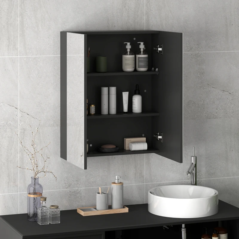 HOMCOM Armadietto Pensile Bagno 2 Ante con Specchiera e 2 Ripiani Interni in MDF, 60x15x75 cm, Nero