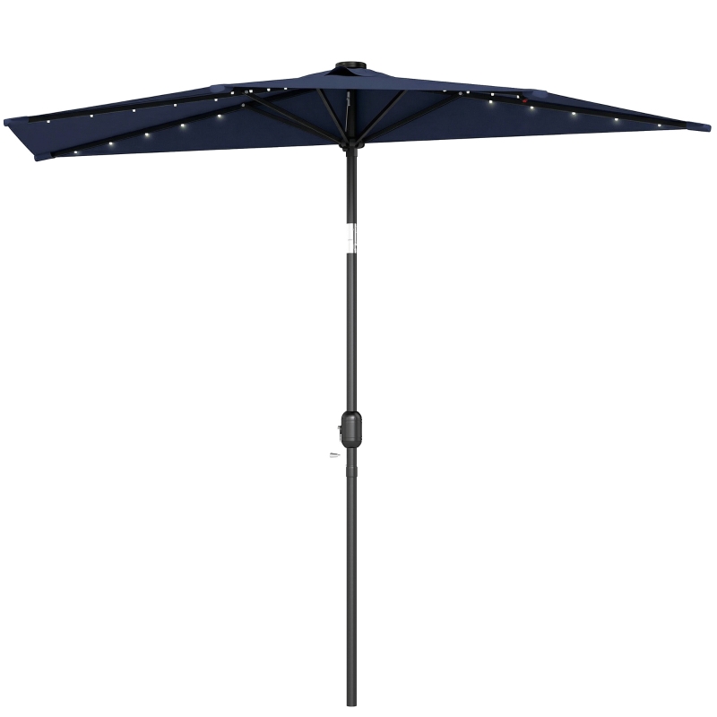 Outsunny 2.6 m Half Garden Parasol with Solar LED Lights, UPF50+ Semi Round Umbrella with 30° Tilt, Crank Handle, Dark Blue