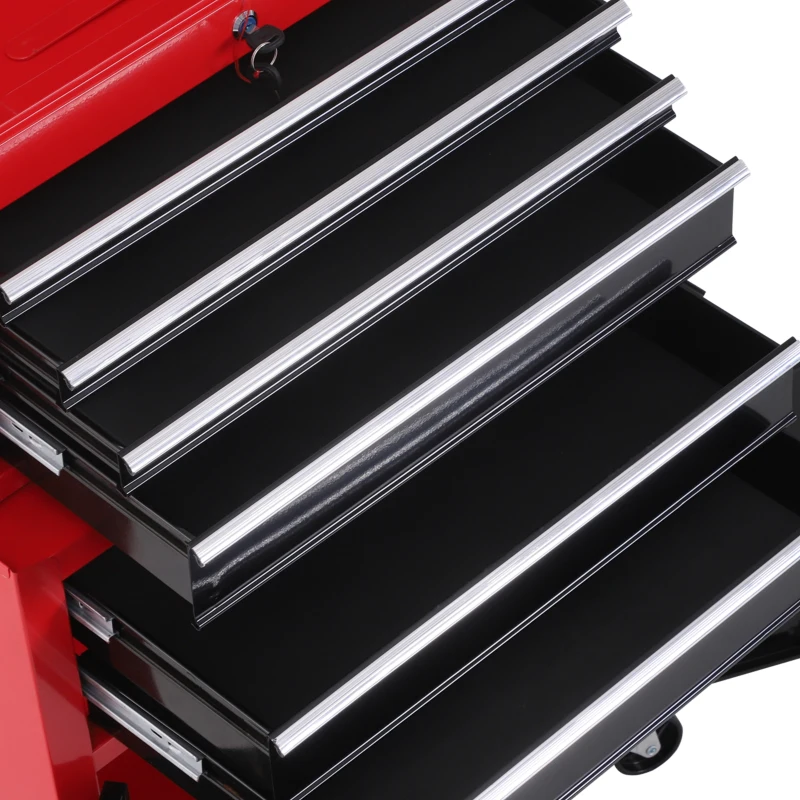 HOMCOM Carrinho de Ferramentas com Baú Superior 6 Gavetas Armário Fechadura e 4 Ganchos para Garagem 61,6x33x108 cm Vermelho