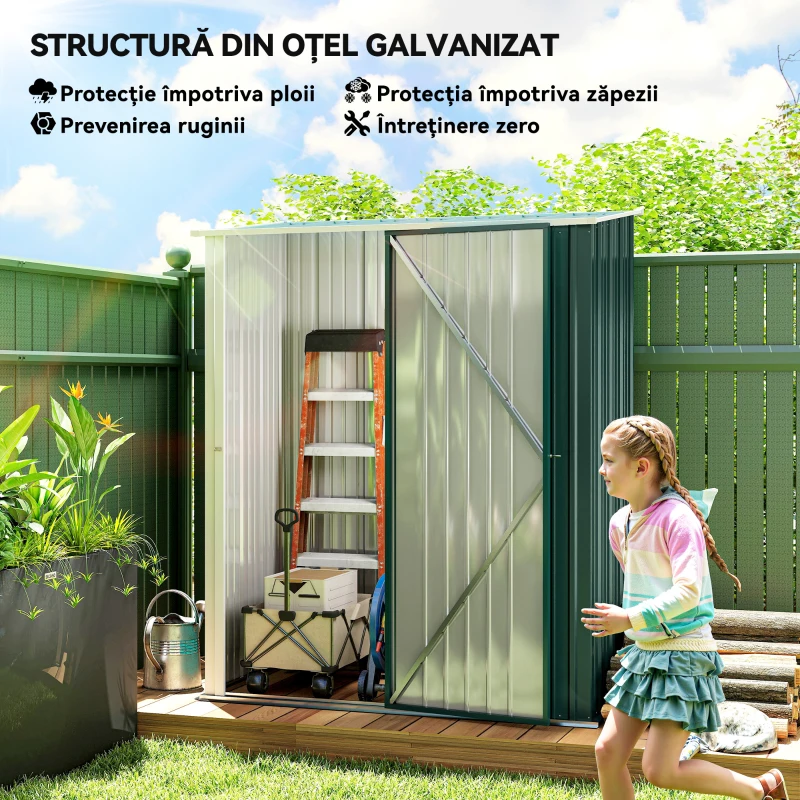 Outsunny Căsuță de Grădină din Oțel pentru Depozitare cu Sistem de Blocare, 161,5x94,5x196cm, Verde