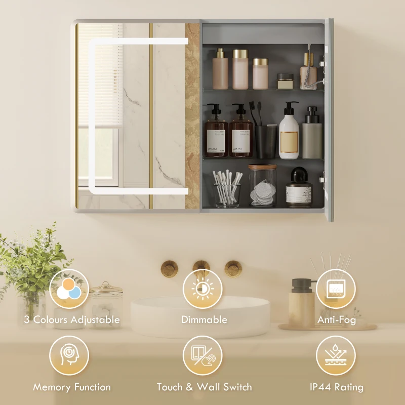 HOMCOM Mirrored Bathroom Cabinet with LED Lights, 60 x 80 cm Bathroom Mirror Cabinet with Anti-Fog, 3 Colour Dimmable Lighting