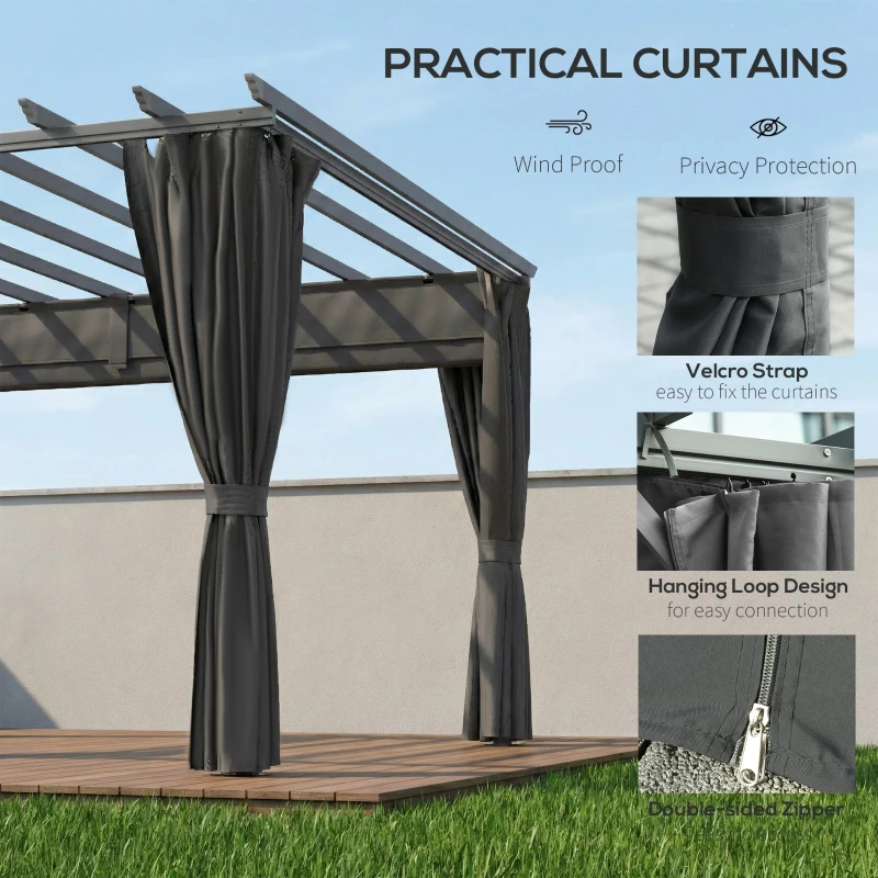 Outsunny 3.6 x 3 m Pergola with Retractable Roof Canopy, Curtains, Aluminium Garden Pergola Gazebo Sun Shade Shelter, Dark Grey