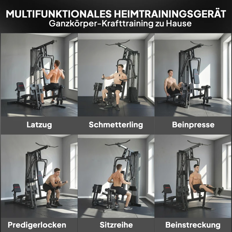 SPORTNOW Kraftstation Fitnessstation mit Latzug Butterflystange 65kg Gewichten Seil bis zu 120kg