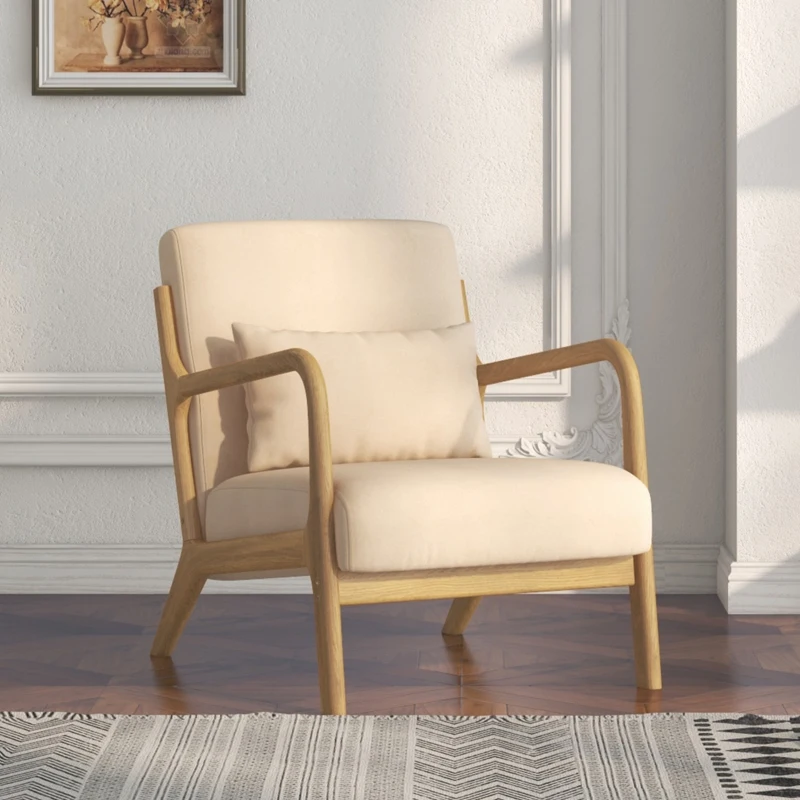 HOMCOM Fauteuil lounge - 3 coussins inclus - assise profonde - accoudoirs - structure bois hévéa - aspect velours beige