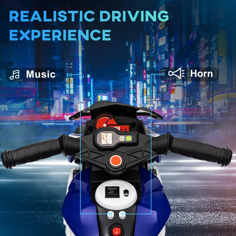HOMCOM Motocykl elektryczny dla dzieci, światła i dźwięki, 3 km/h, ładowalny, tworzywo sztuczne i metal, Niebieski/Biały