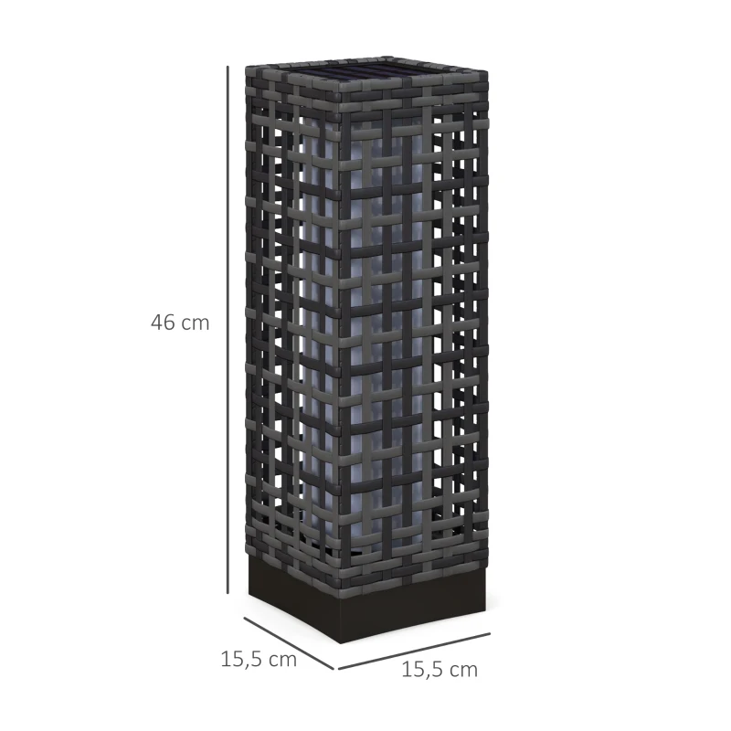 Outsunny Lampa solarna rattanowa, wodoodporna lampa ogrodowa z czujnikiem światła, automatyczna lampa LED, oświetlenie zewnętrzne na balkon, stal, szary, 15,5 x 15,5 x 46 cm