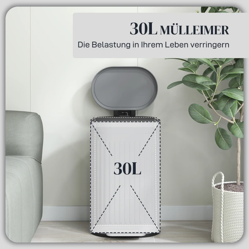 HOMCOM Prullenbak 30L Pedaalemmer met deksel voetpedaal uitneembare binnenemmer soft-close functie 36,5 x 31,2 x 60,8 cm, Grijs