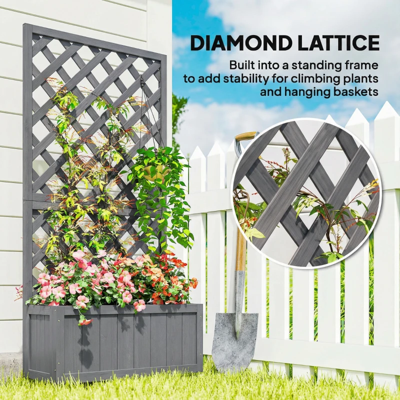 Outsunny Wood Planter with Trellis for Climbing Plants, Raised Bed, Planter Box with Drainage Holes to Grow Herbs Flowers, Grey