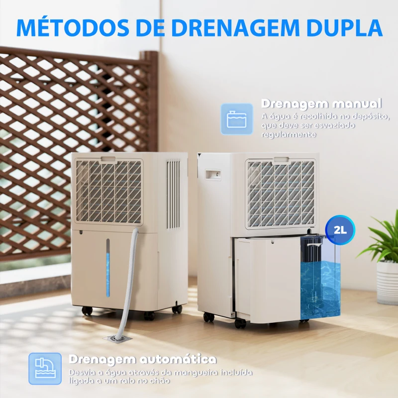 HOMCOM Desumidificador 12L/dia Silencioso com 3 Modos Ecrã LED Temporizador 24H Bloqueio Infantil e Drenagem Contínua 25x22x44,5 cm Branco