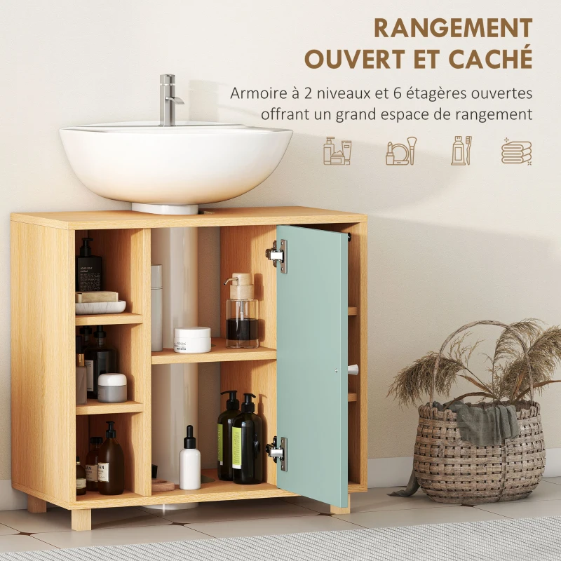 HOMCOM Meuble sous lavabo, meuble de salle de bain avec 6 étagères ouvertes et porte à fermeture amortie 60 x 33 x 57 cm, vert