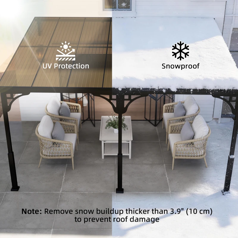 Outsunny 4 x 3 m Metal Lean-to Pergola, Wall-Mounted Garden Pergola with Polycarbonate Roof and Metal-Aluminium Frame, Heavy Duty Hardtop Gazebo for Outdoor Patios, BBQ, Brown